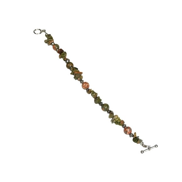 Unakite Gemstone Bracelet Chip & Round Beads w/ Copper Accents 8" Toggle - Picture 5 of 8